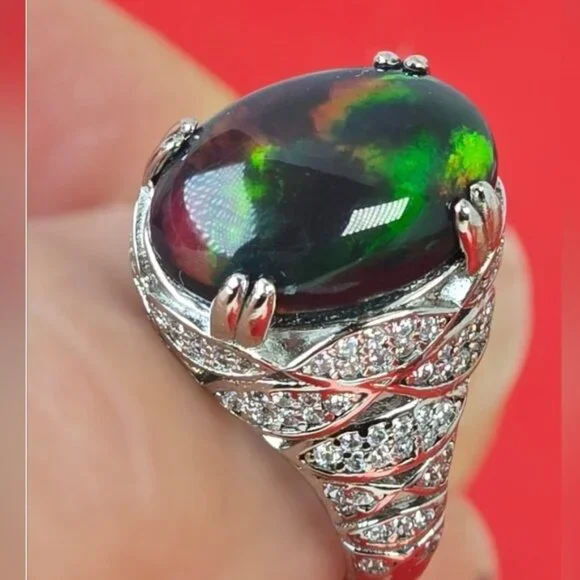 925 Sterling Silver Ring SZ 6.5 with Natural Black Opal & Cz